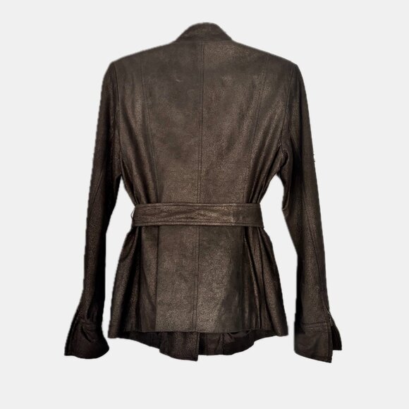 😊Alfani Leather Coat Brown Bronze Lined Jacket Zip Sleeves Pockets Womens Sz M - Picture 11 of 15